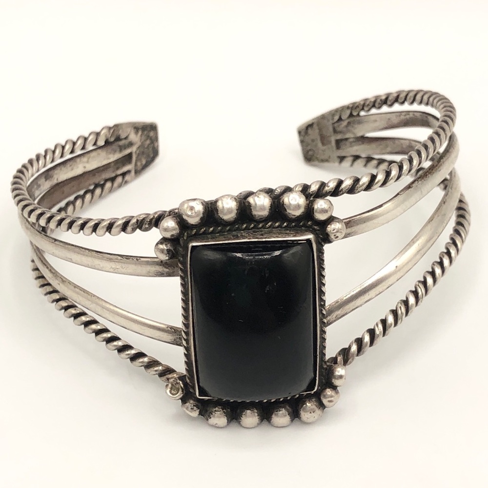 Vintage Sterling Taxco black Onyx Cuff Bracelet
